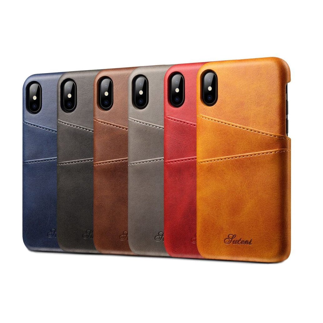Leder-Smartphonehüllen in den Farben blau, schwarz, braun, grau, rot und orange