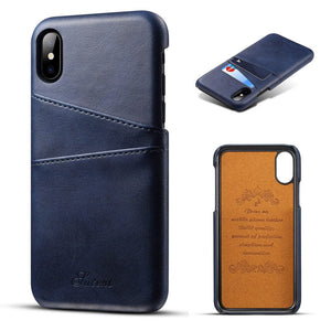 Blaue Leder-Smartphonehülle von verschiedenen Perspektiven mit Kartenfach und Innengravur