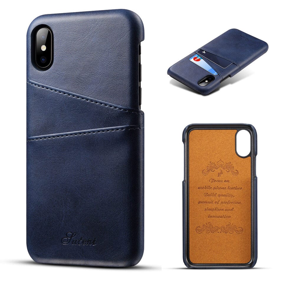 Blaue Leder-Smartphonehülle von verschiedenen Perspektiven mit Kartenfach und Innengravur