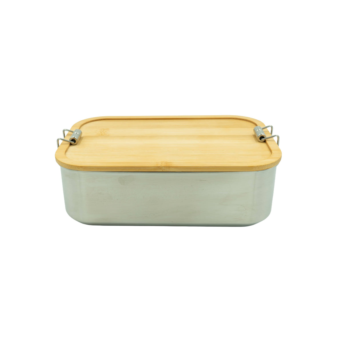 Silberne Lunchbox mit hölzernem Deckel von vorne