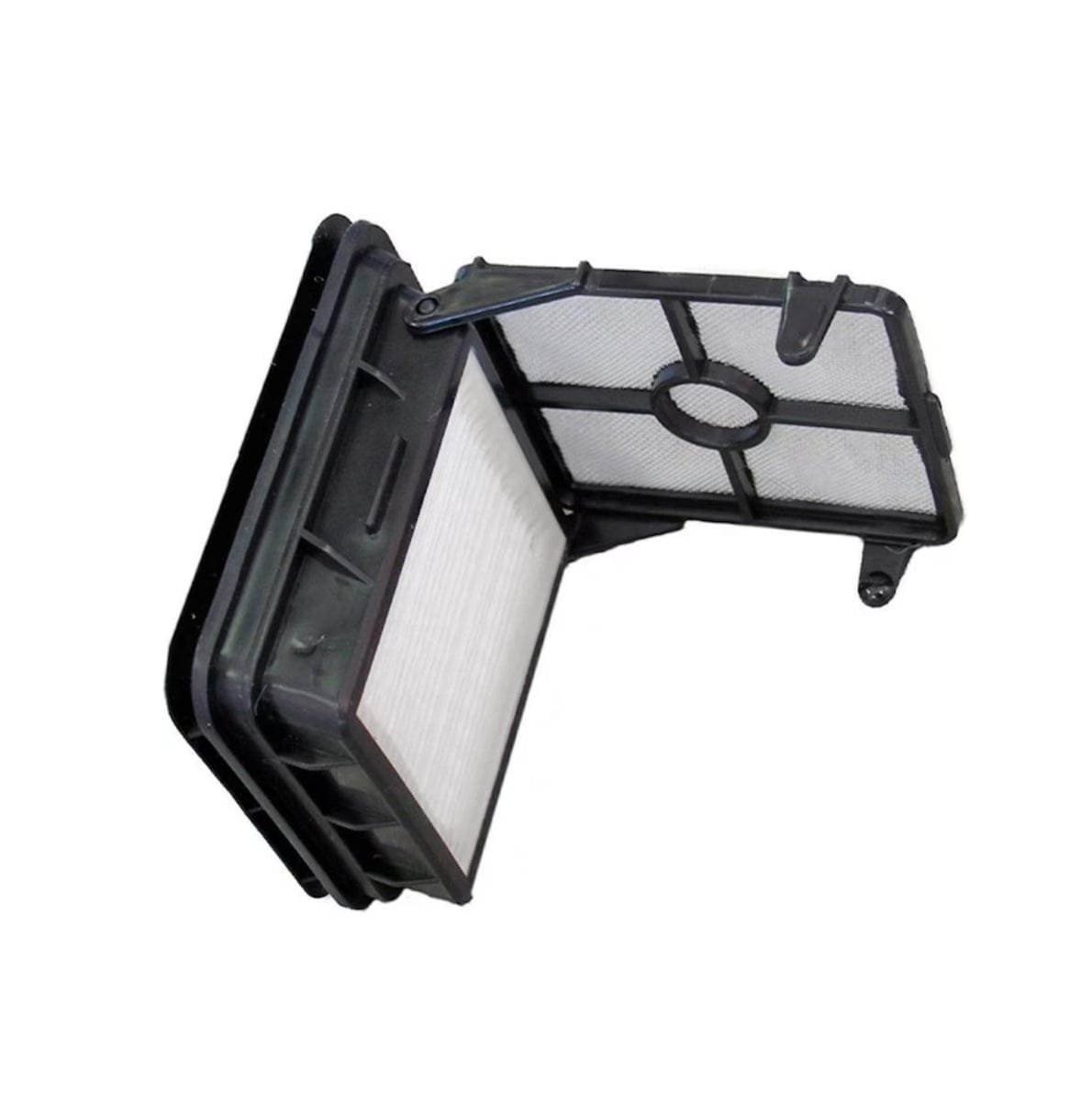 Schwarz-weisser, aufgeklappter Motorfilter von der Seite