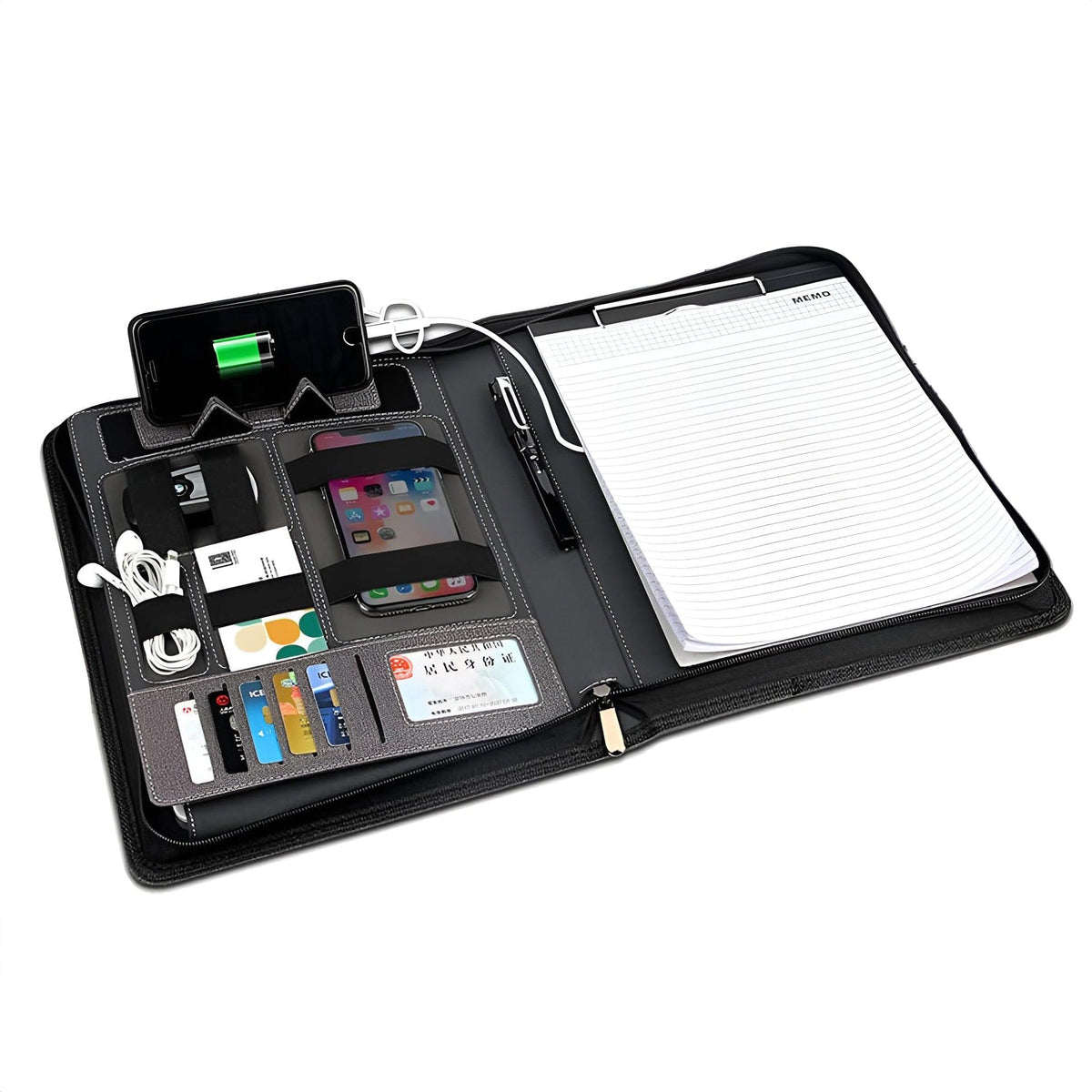 Schwarzer Organizer mit Platz für: Handy, Kopfhörer, Karten, Stift, Notizblock, Papier, einer Powerbank und einer Handyhalterung