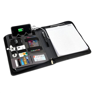 Schwarzer Organizer mit Platz für: Handy, Kopfhörer, Karten, Stift, Notizblock, Papier, einer Powerbank und einer Handyhalterung