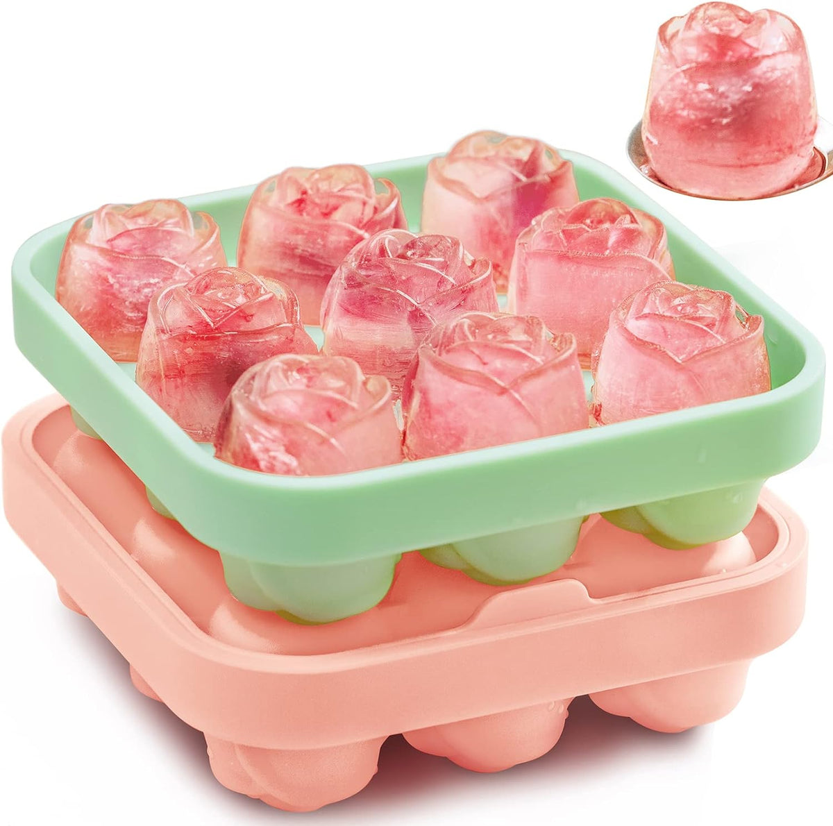 Pinke und grüne 3x3 Silikon Eiswürfelform in Form von Rosen