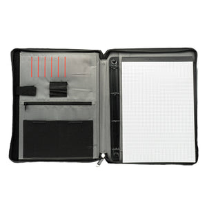 Graue Schreibmappe mit Schreibblock, Kartenfach, Stiftehalter und Tablet Tasche