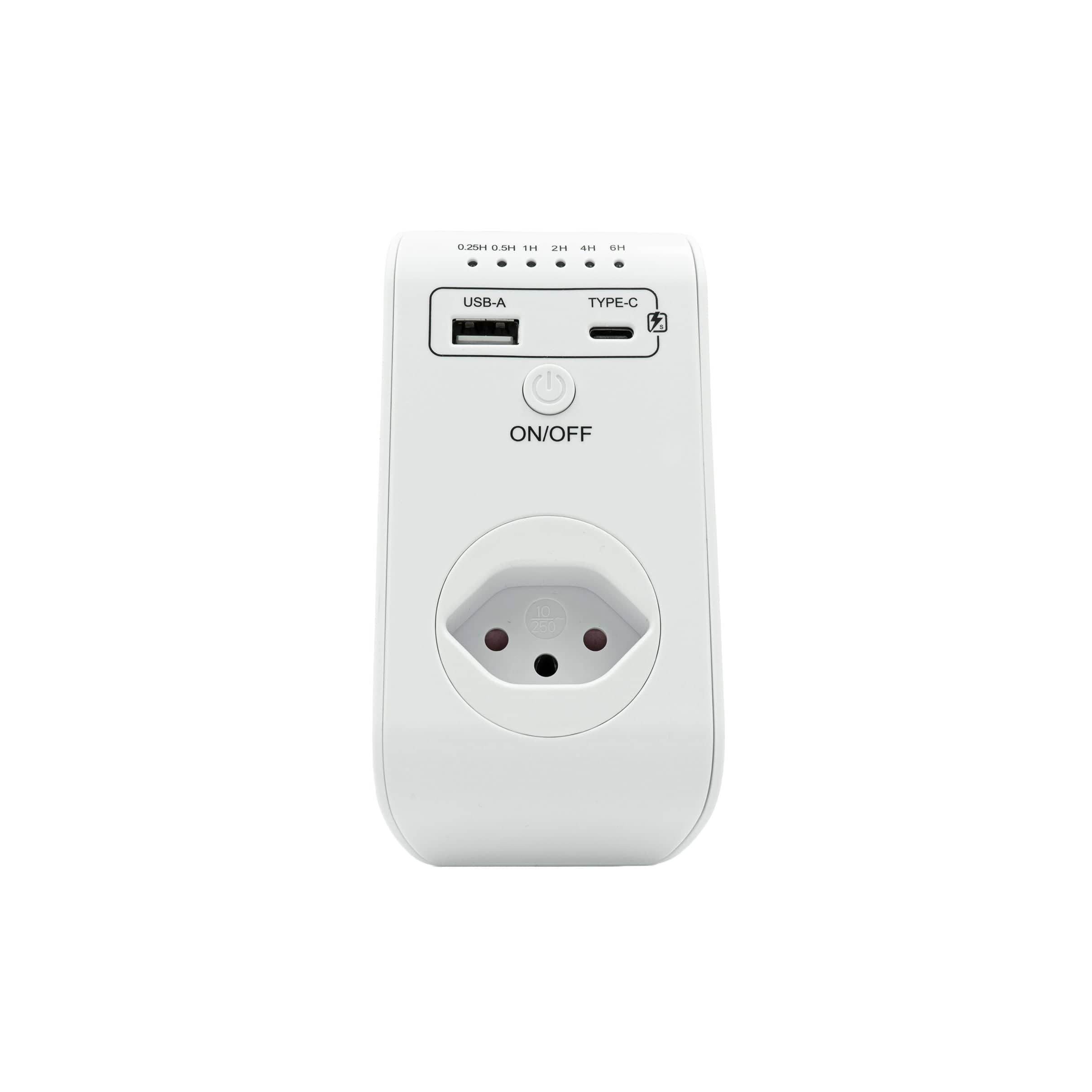 Weisser Multistecker mit USB-A, USB-C, CH Stecker und einem Timer