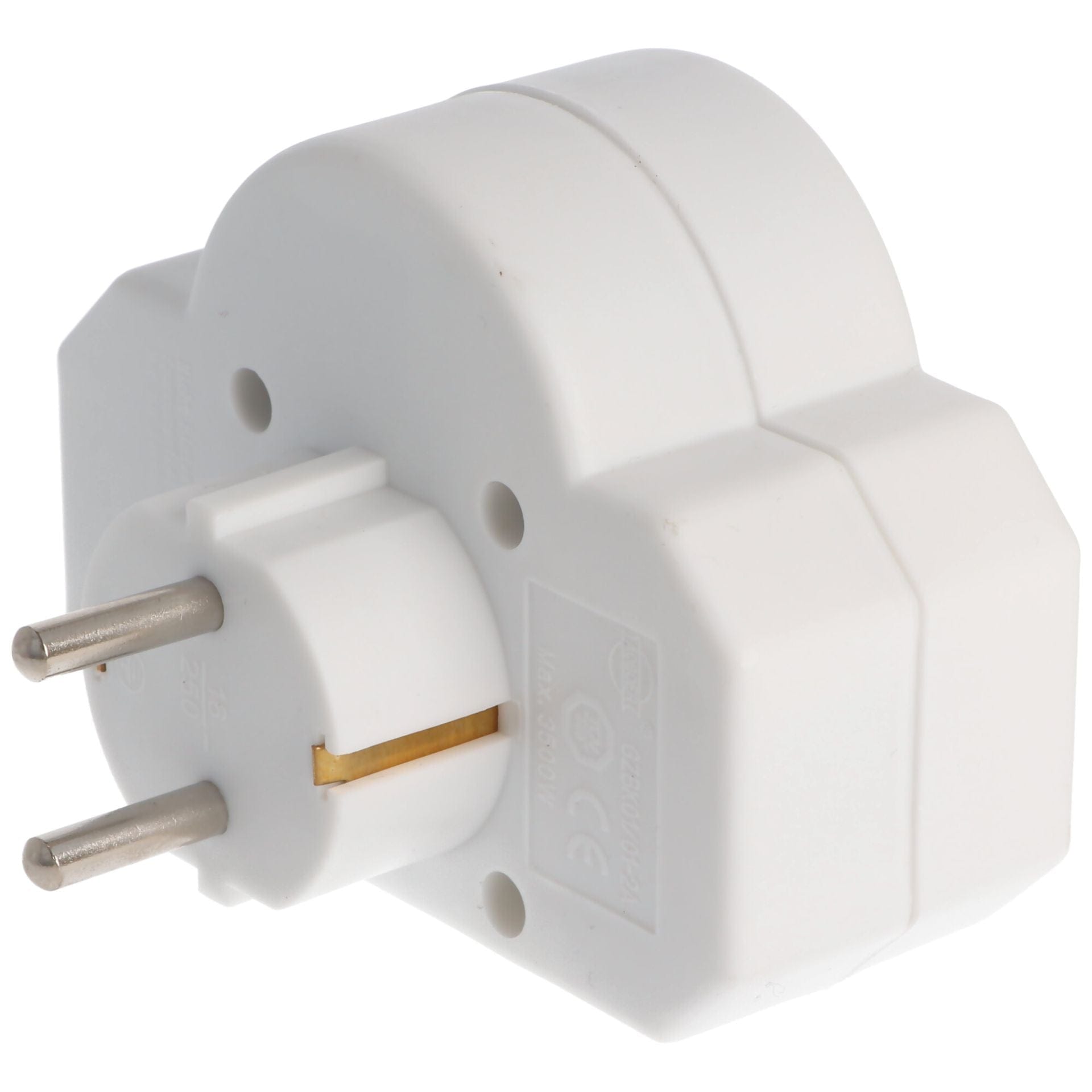 Weisser Multistecker mit zwei CH und einer Schuko Steckdosen von der Seite