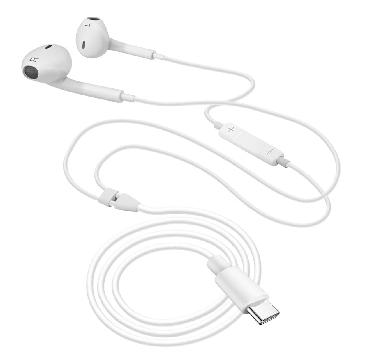 Weisse Kabelgebundene Kopfhörer mit USB-C Anschluss ausgelegt