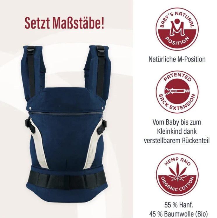 Dunkelblau-weisse Babytrage mit Produktdetails