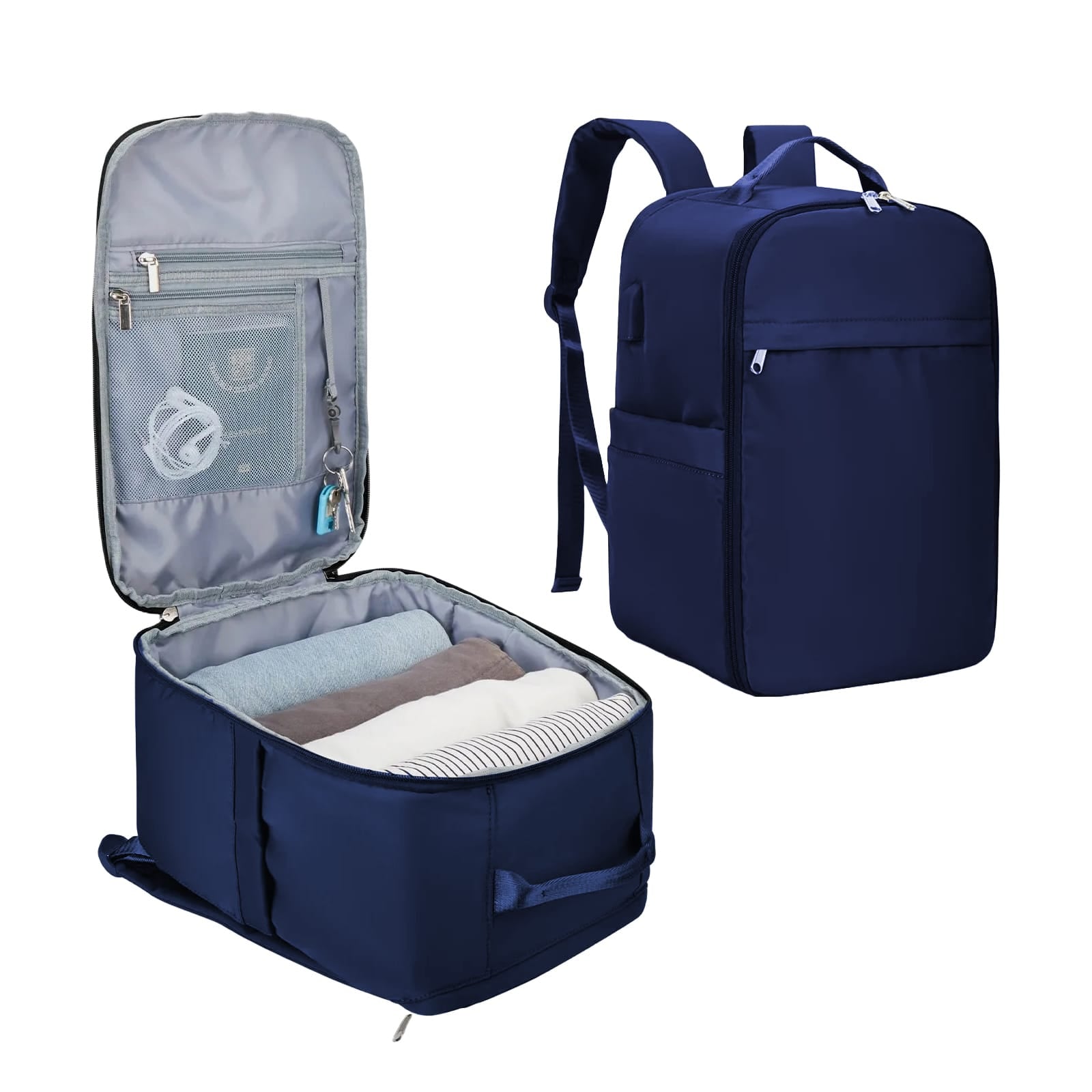 Geöffneter Reiserucksack in blau mit einem grossen und mehreren kleinen Fächern und Beispielsinhalt