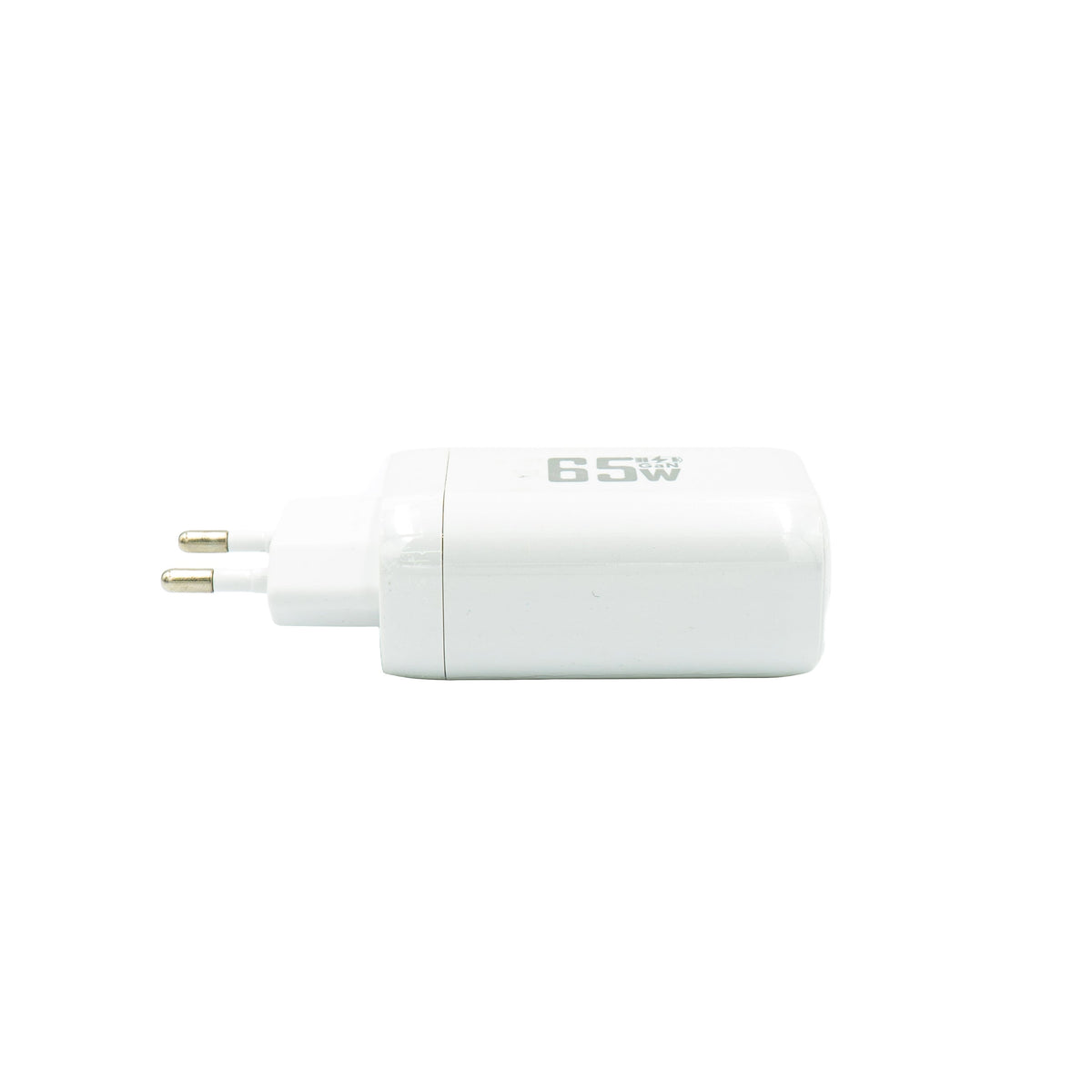 Weisser Super Fastcharger mit einem USB-C Anschluss und einem USB-A Anschluss von der Seite