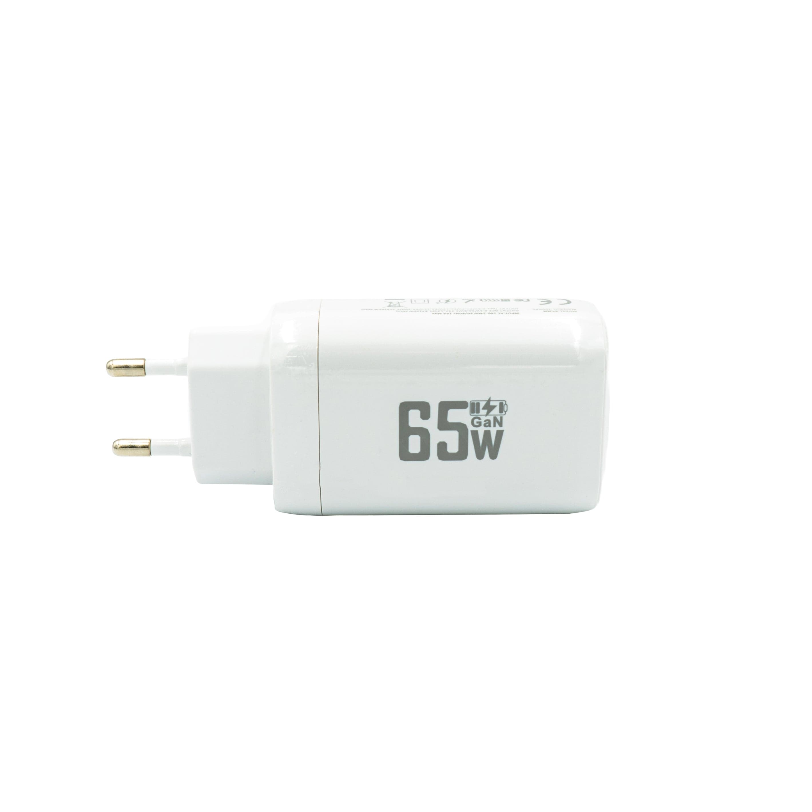Weisser Super Fastcharger mit einem USB-C Anschluss und einem USB-A Anschluss von oben