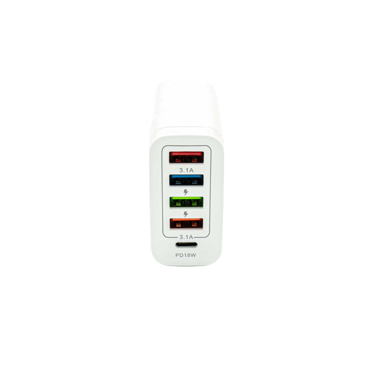 Weisser Fastcharger mit vier USB-A Anschlüssen und einem USB-C Anschluss von vorne