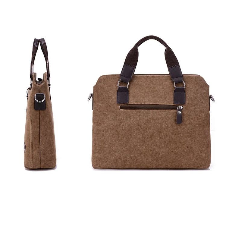 Braune Stofflaptoptasche mit silbernen und Dunkelbraunen Leder Details von der Seite und von hinten