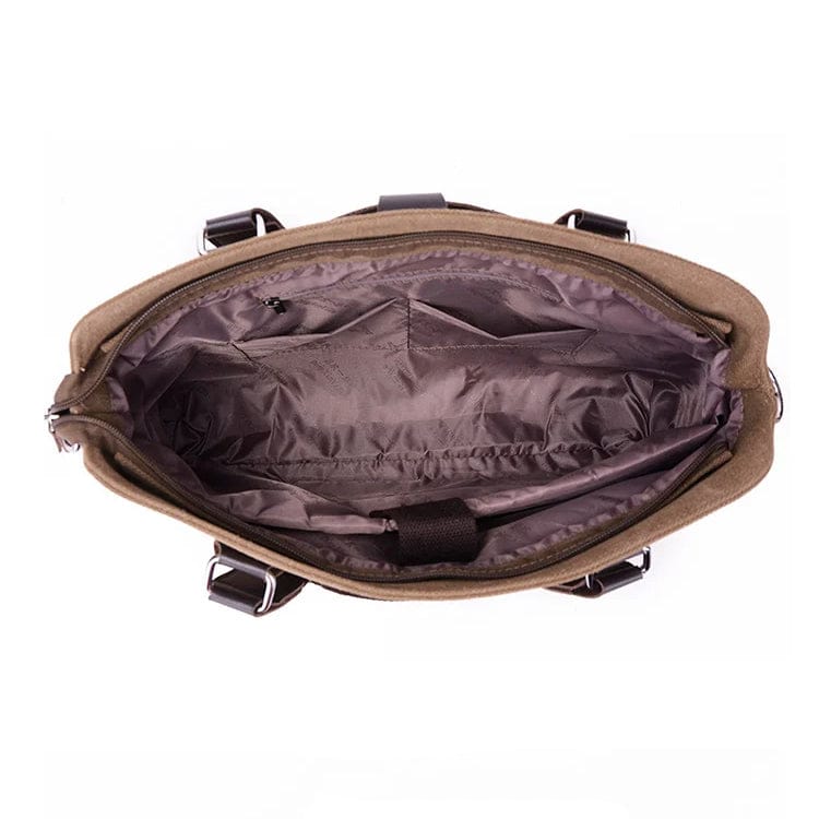 Braune Stofflaptoptasche mit silbernen und Dunkelbraunen Leder Details geöffnet mit braunem Innenstoff