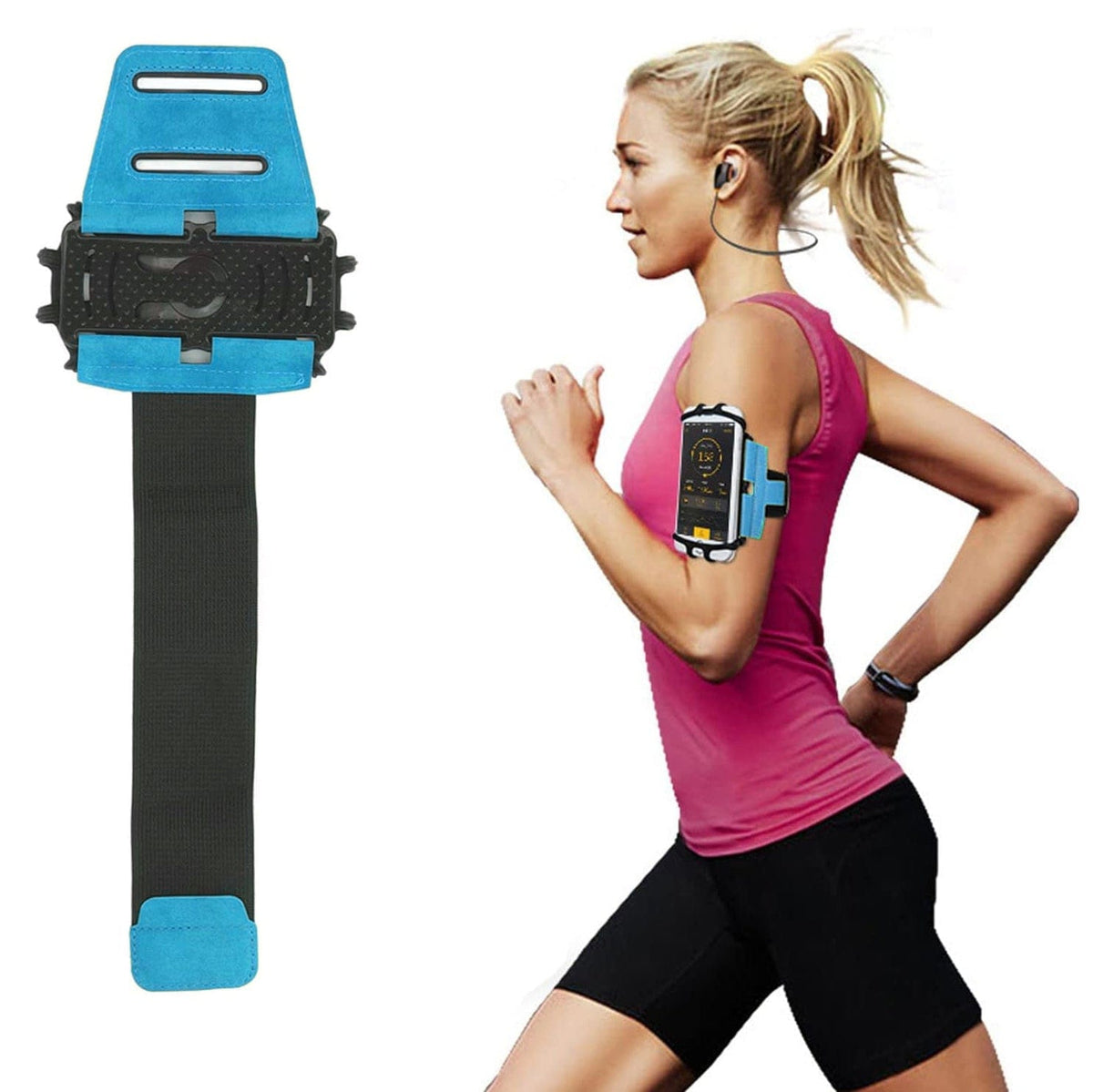 Blau-schwarzes Smartphone Armband mit Anwendungsbeispiel