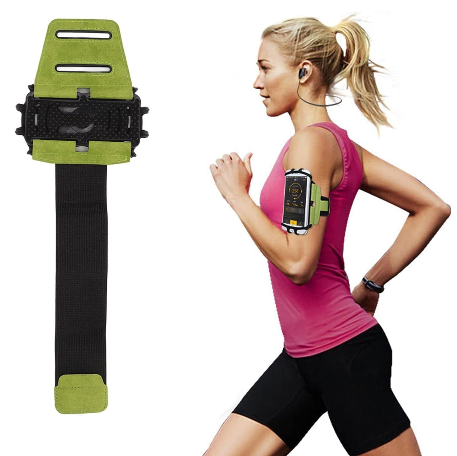 Grün-schwarzes Smartphone Armband mit Anwendungsbeispiel