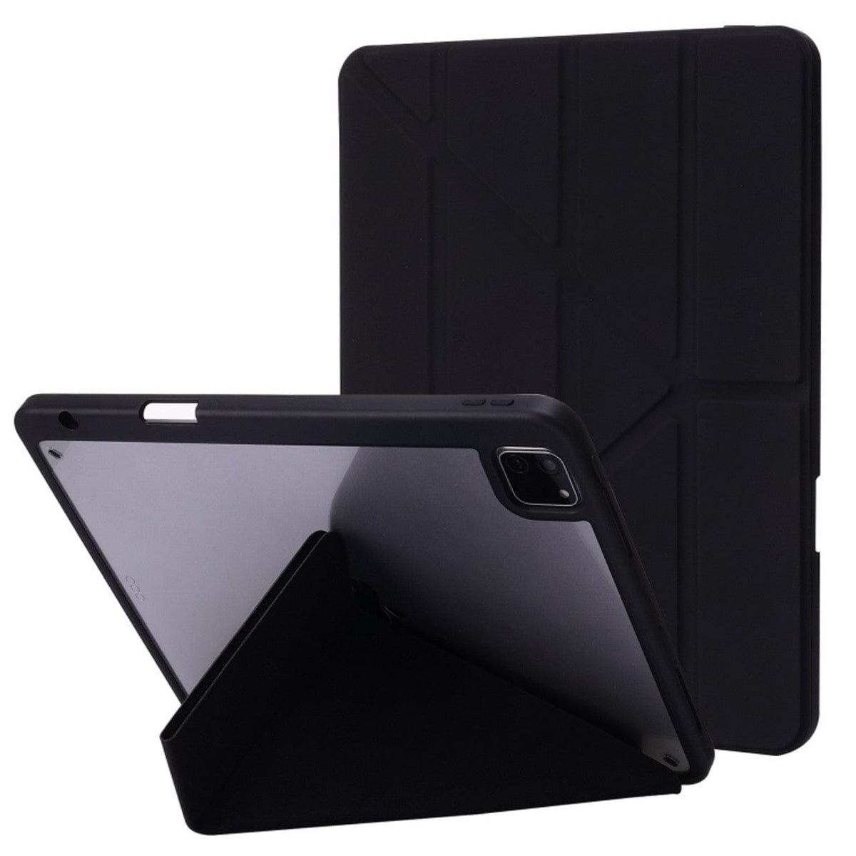 Schwarze iPad Hülle mit Standmechanismus und zugeklappt von vorne