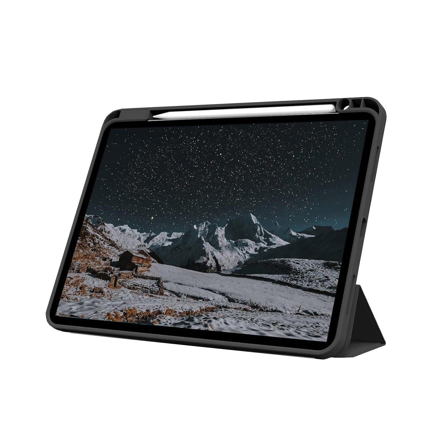 Schwarze iPad Hülle mit Standmechanismus und Platz für einen iPad Stift