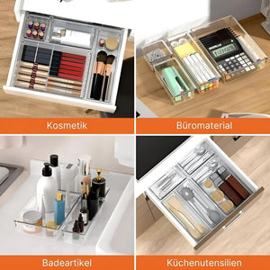 Transparente Schubladen-Organizer in verschiedenen Anwendungsbeispielen