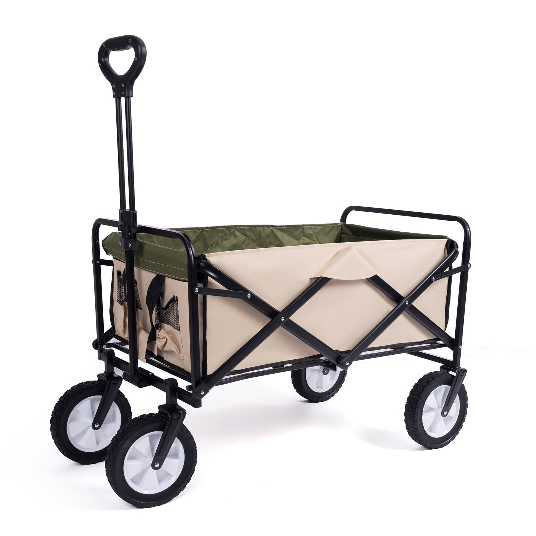 Beiger Bollerwagen mit schwarzem Gestell und vier Rädern