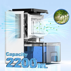 weisser, elektrischer Luftentfeuchter mit Filter und 2200-ml-Wassertank.