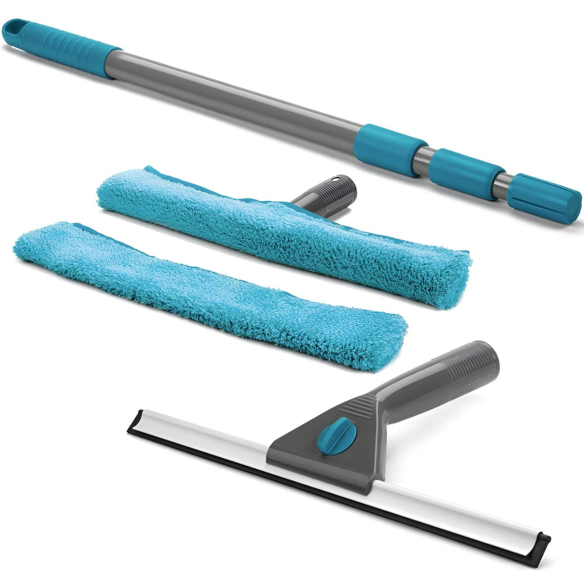 Fensterreinigungs-Set mit Mikrofaseraufsatz, Gummiabzieher und verstellbarem Griff