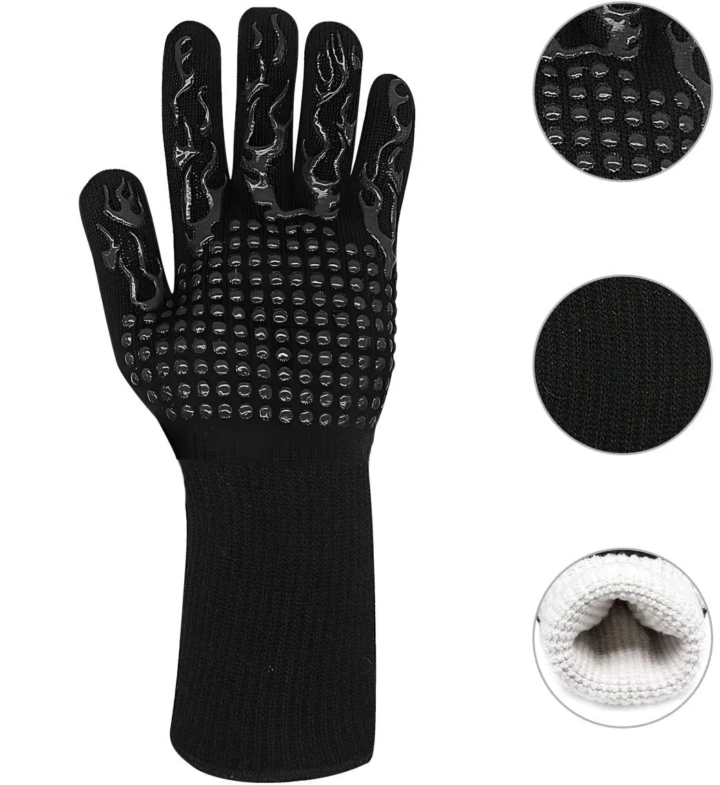 Schwarze Grillhandschuhe mit schwarzem Muster und Produktdetails