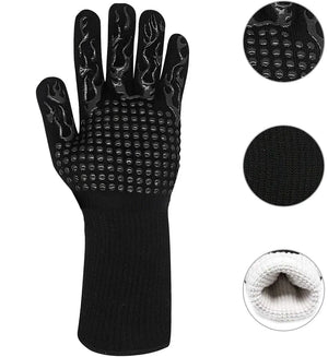 Schwarze Grillhandschuhe mit schwarzem Muster und Produktdetails