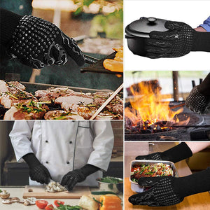 Schwarze Grillhandschuhe mit schwarzem Muster in verschiedenen Anwendungsbeispielen
