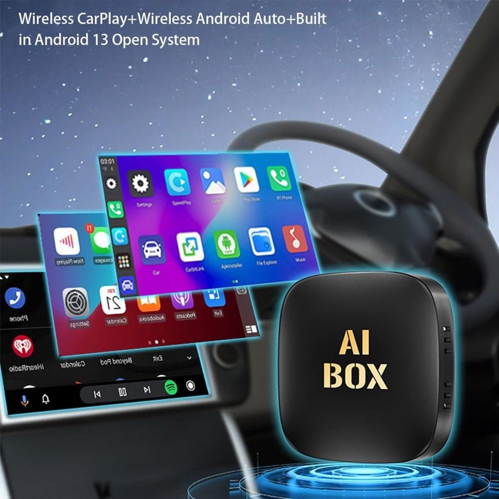 Schwarzer Wireless Carplay-Adapter mit "AI Box" Aufschrift in einem Anwendungsbeispiel
