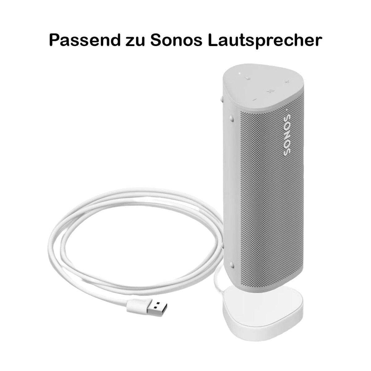 Weisse Ladestation für Musikbox mit USB-A Kabel mit Anwendungsbeispiel