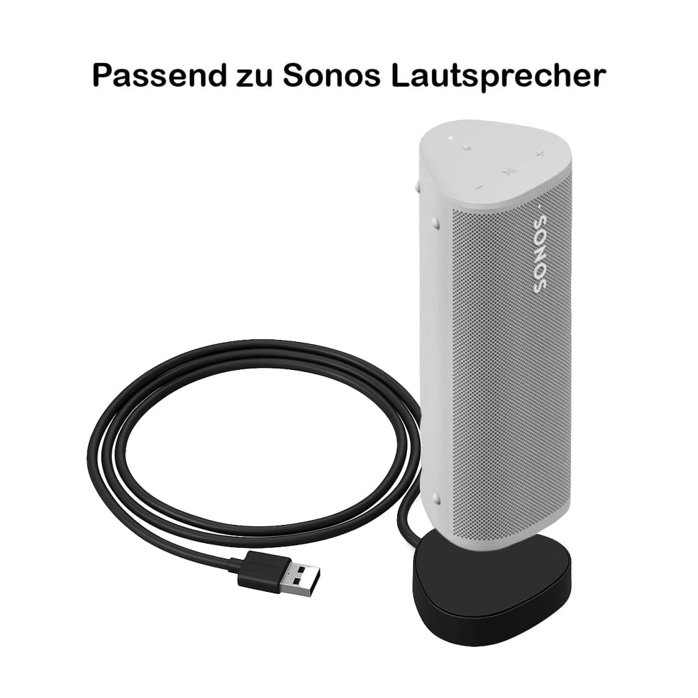 Schwarze Ladestation für Musikbox mit USB-A Kabel mit Anwenungsbeispiel
