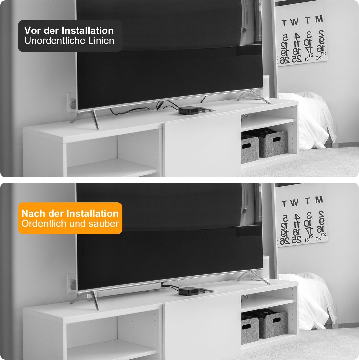 Vorher-Nachher-Ansicht mit installierten Kabelkanälen