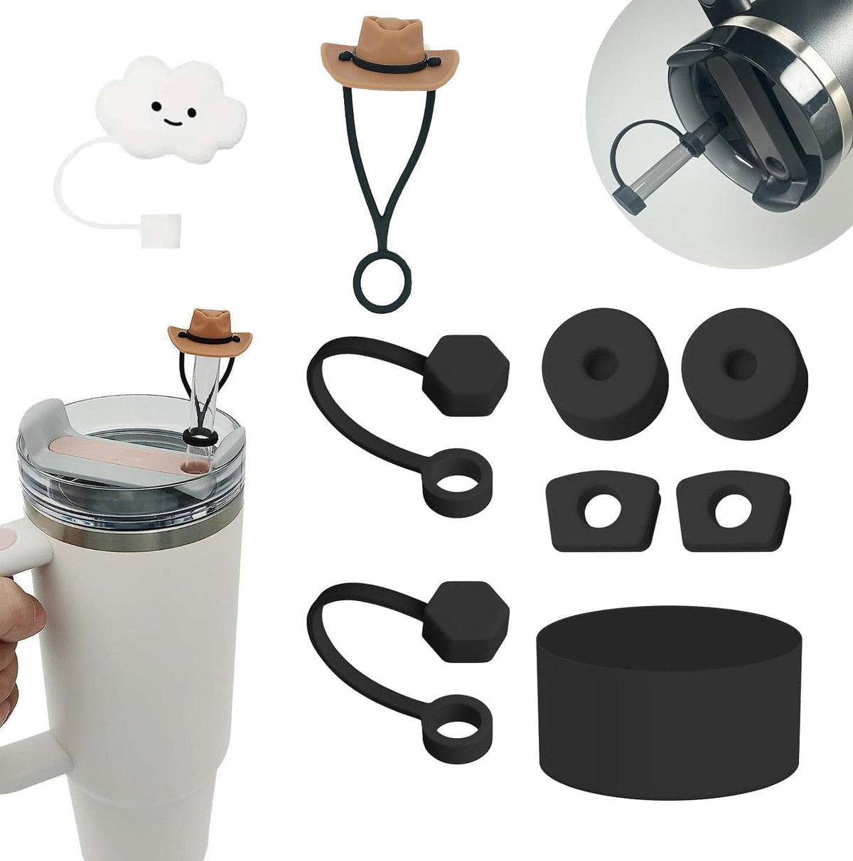 Stanley Cup mit Strohdeckeln als Cowboyhut, Wolke und sechs schwarzen Silikon Stopfen
