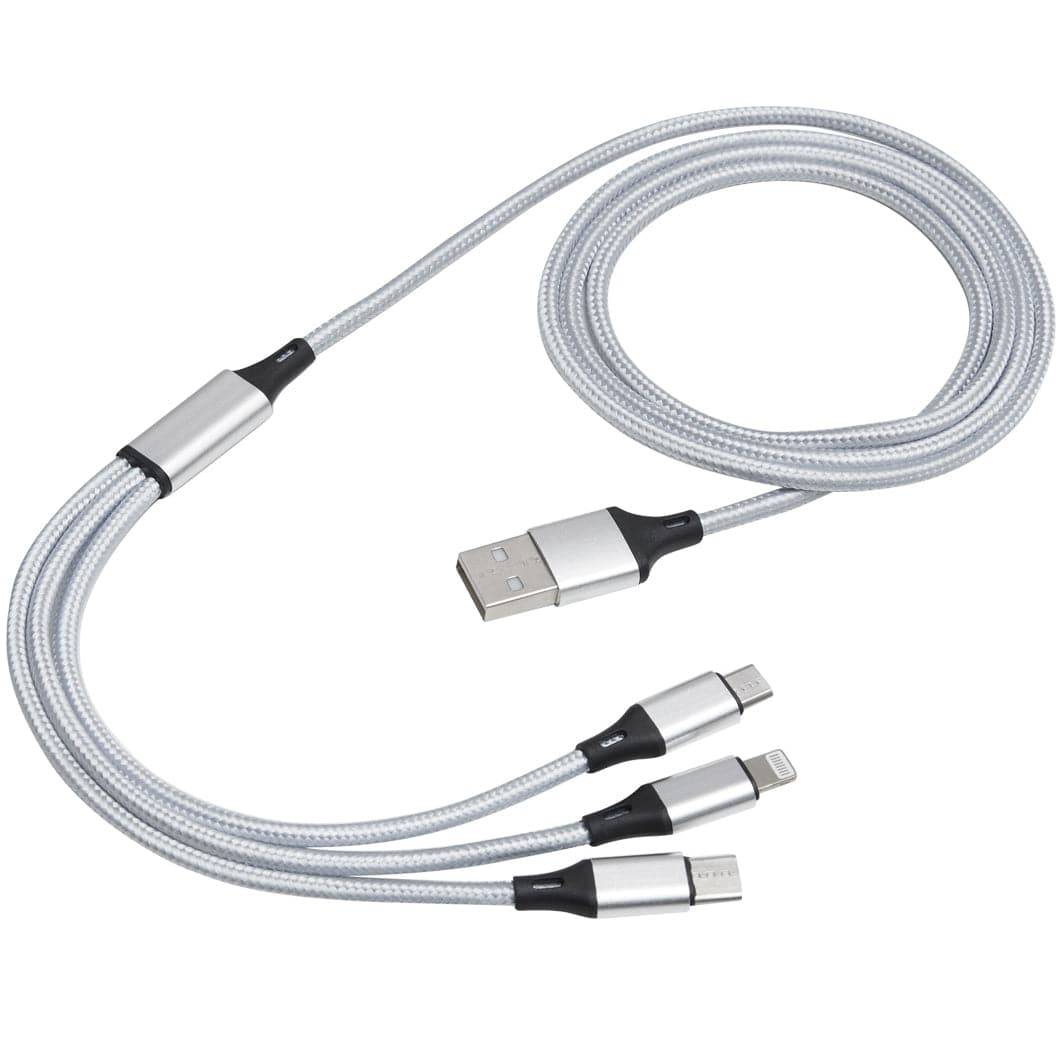 Weisses Ladekabel mit USB-, Lightning- und Micro-USB-Anschlüssen