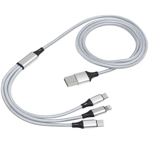Weisses Ladekabel mit USB-, Lightning- und Micro-USB-Anschlüssen