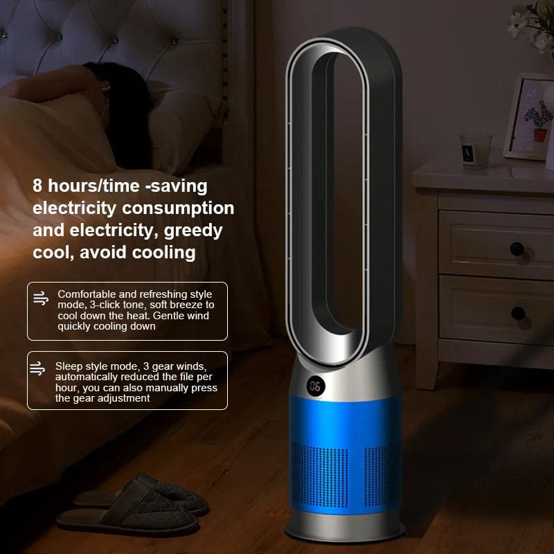 Blau-silberner Turmventilator mit Produktbeschreibung und Anwendungsbeispiel