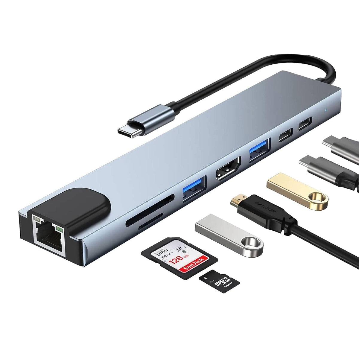 USB-C Adapter Port mit Ethernet, SD-Karten, zwei USB-A, HDMI und zwei USB-C Anschlüssen mit Beispielen