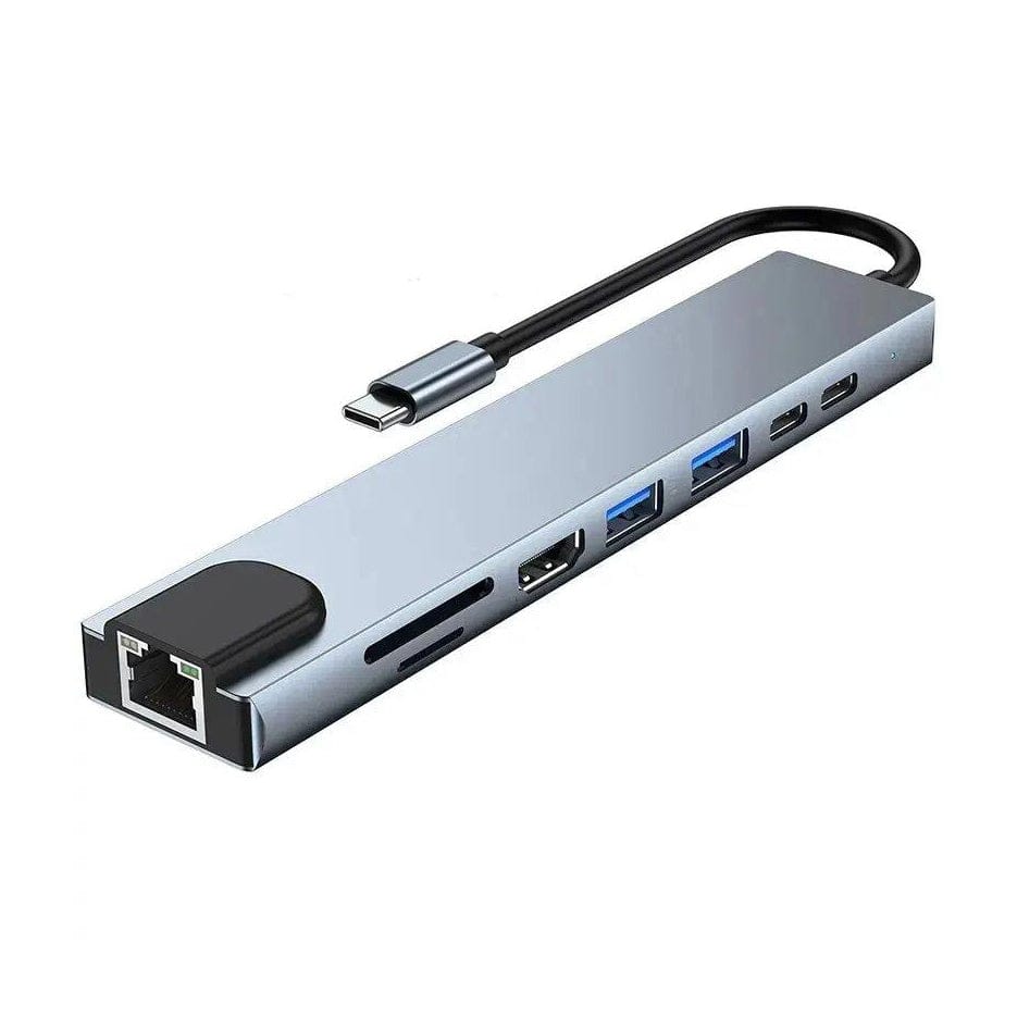 USB-C Adapter Port mit Ethernet, SD-Karten, zwei USB-A, HDMI und zwei USB-C Anschlüssen