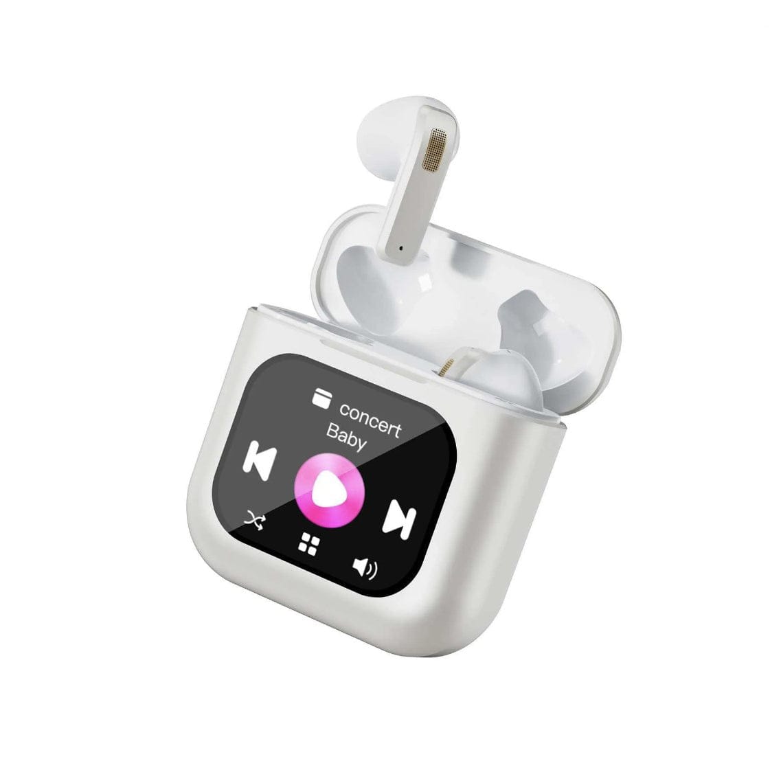 Weisse Bluetooth Kopfhörer mit Display und Beispiel mit Musik
