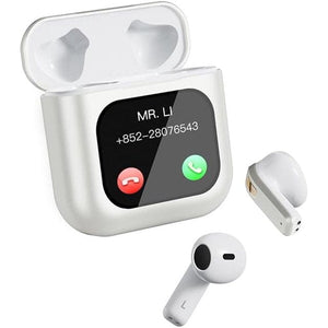 Weisse Bluetooth Kopfhörer mit Display und Beispiel mit Anruf