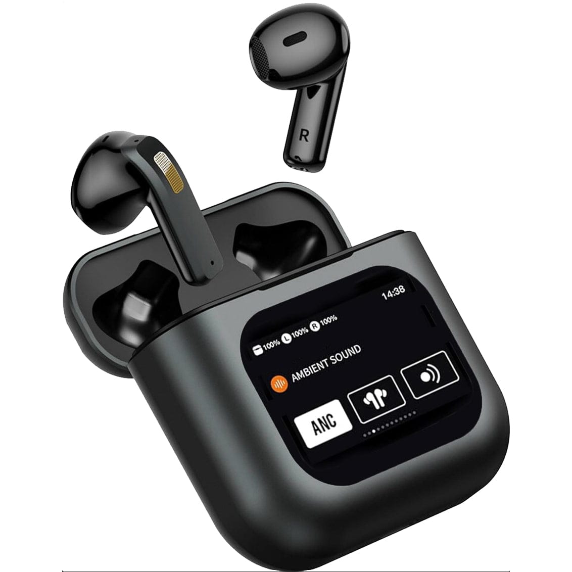 Schwarze Bluetooth Kopfhörer mit Display und Beispiel mit Musik
