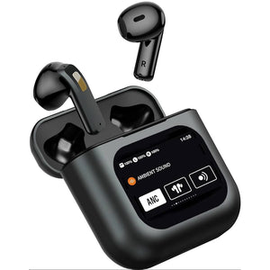 Schwarze Bluetooth Kopfhörer mit Display und Beispiel mit Musik