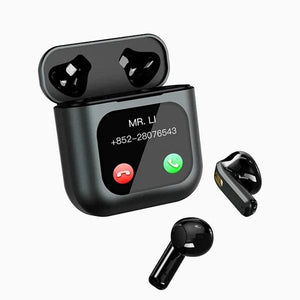Schwarze Bluetooth Kopfhörer mit Display und Beispiel mit einem Anruf