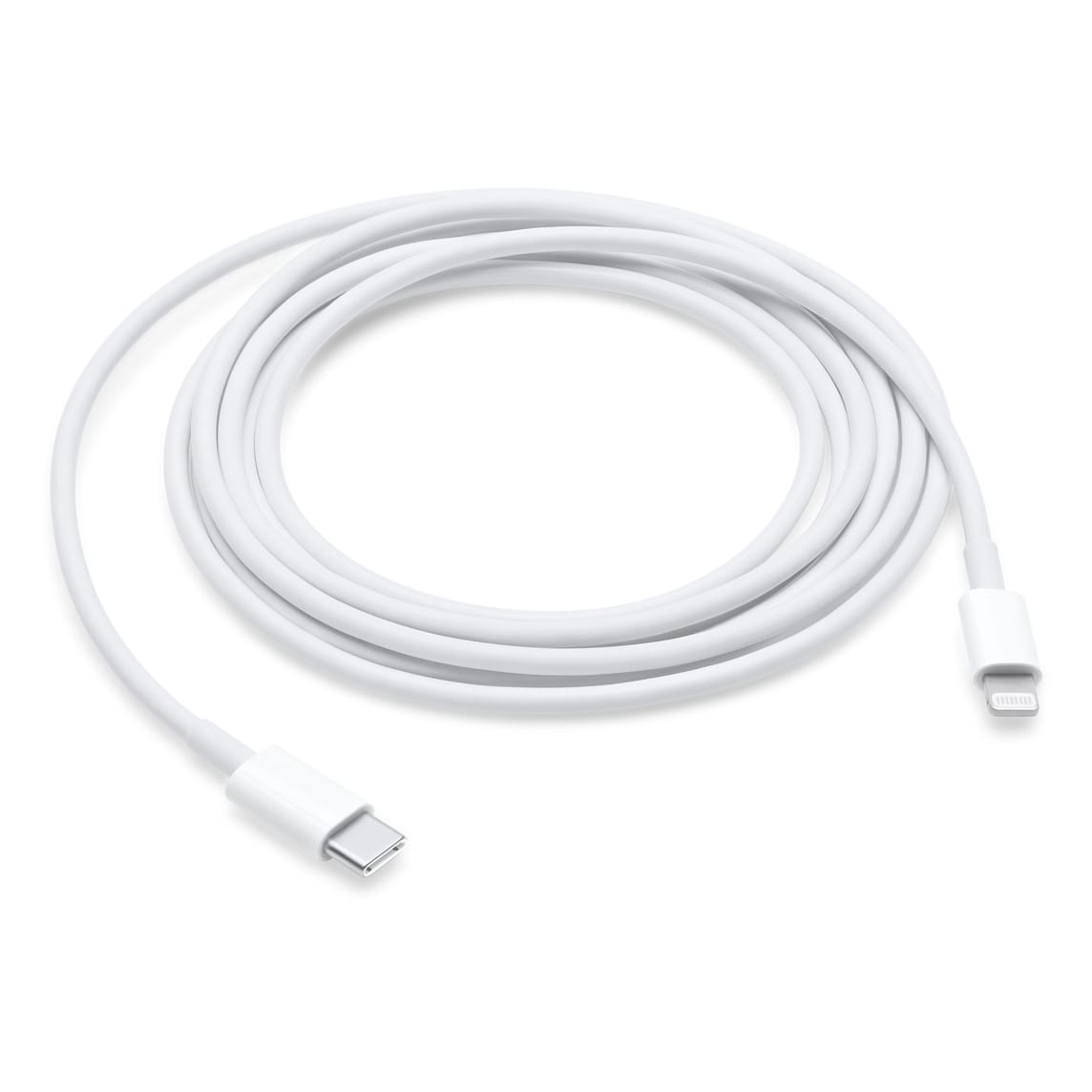 Weisses, zusammengerolltes Kabel mit USB-C und Lighting Stecker 