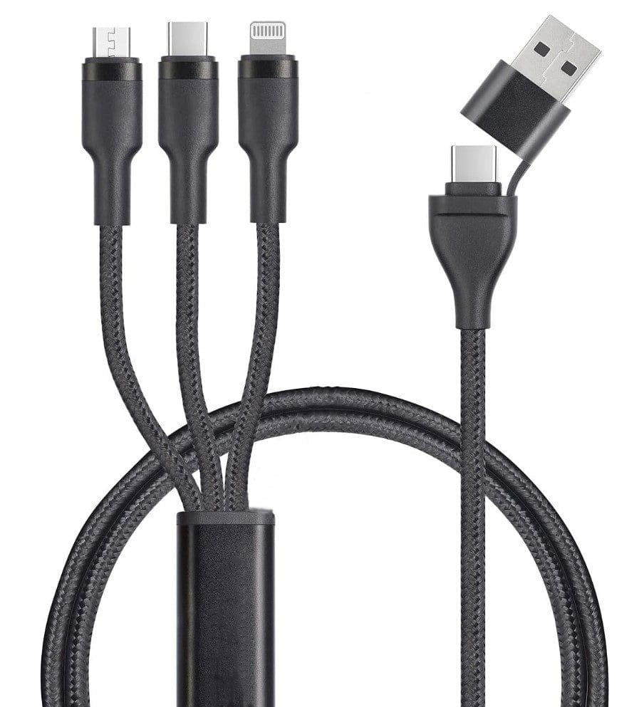 Schwarzes, geflochtenes Kabel mit Mikro-USB, USB-C und Lightning Anschlüssen