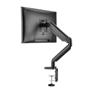 Schwarze, ausgefahrene Monitor-Tischhalterung in einem Anwendungsbeispiel mit Monitor