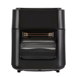 Schwarzer Airfryer mit Sichtfenster und goldenen Details am Griff