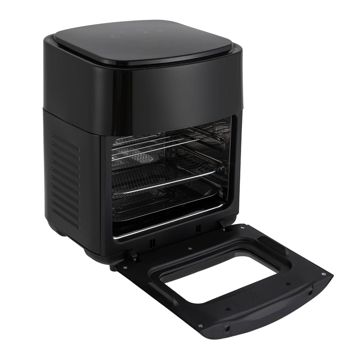 Schwarzer, aufgeklappter Airfryer mit Sichtfenster